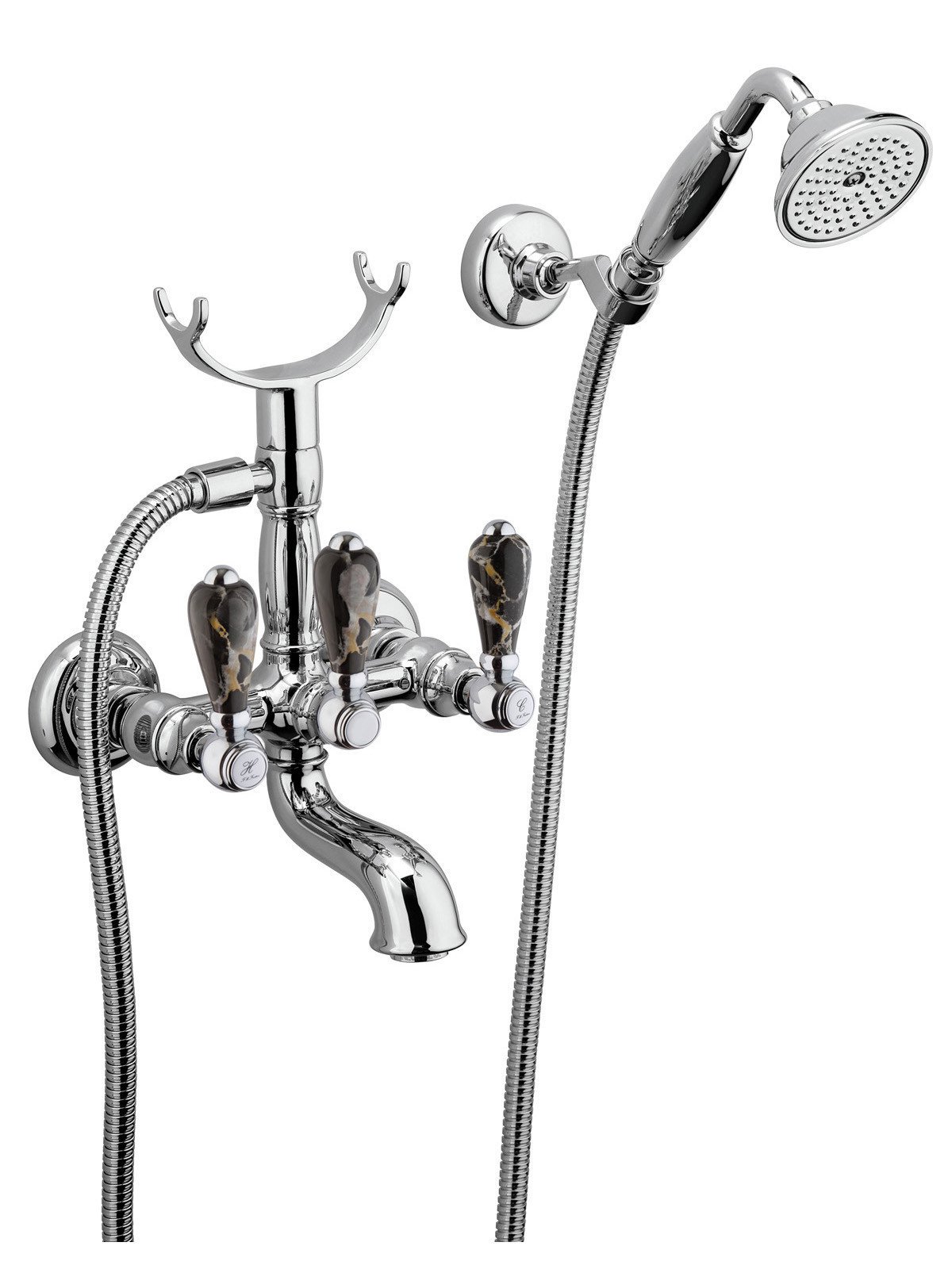 External bath mixer with shower, swivel antitear flexible hose