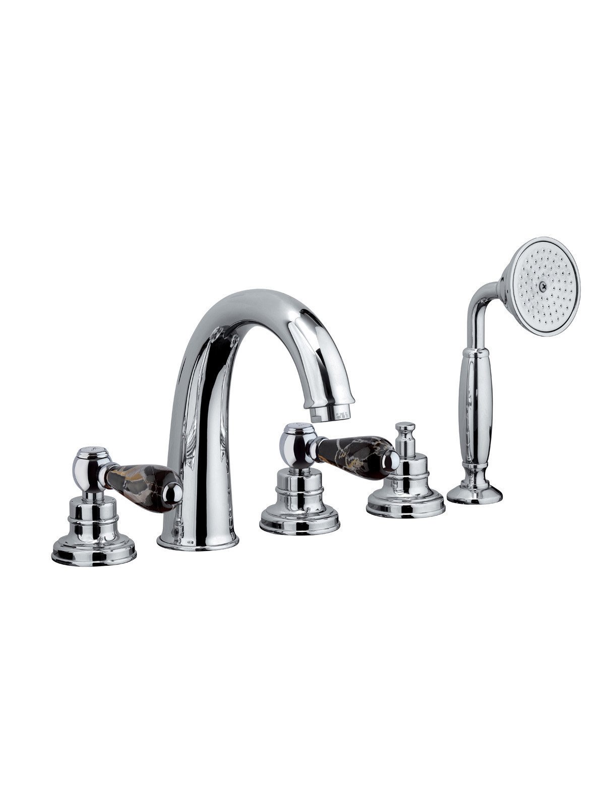 Deck mounted bath mixer with diverter, pull-out shower and spout